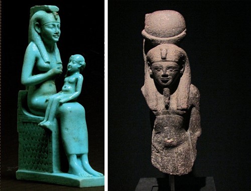 左)《ホルスに授乳するイシス女神》(前664~前525年頃)(C) Staatliche Museen zu Berlin, Ägyptisches Museum und Papyrussammlung / S. Steisß 右)《コンス神像(上半身)》(前1279~前1273年頃) (C) Staatliche Museen zu Berlin, Ägyptisches Museum und Papyrussammlung