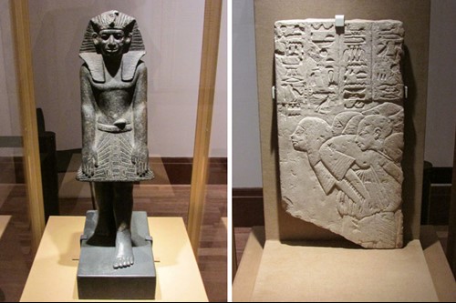 左)《アメンエムハト3世と思われる礼拝する王の立像》(前1853~前1806年) 右)《トゥトアンクアメン(ツタンカーメン)王の前で腰をかがめる廷臣たちのレリーフ》(前1333~前1323年頃) (C) Staatliche Museen zu Berlin, Ägyptisches Museum und Papyrussammlung