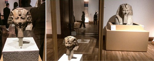 左)《ハトシェプスト王女あるいはトトメス3世のスフィンクス像(胸像)》(前1479~前1458年頃)(C) Staatliche Museen zu Berlin, Ägyptisches Museum und Papyrussammlung 右)会場風景。後方に《ハトシェプスト王女のスフィンクス像頭部》(前1479~前1425年頃)